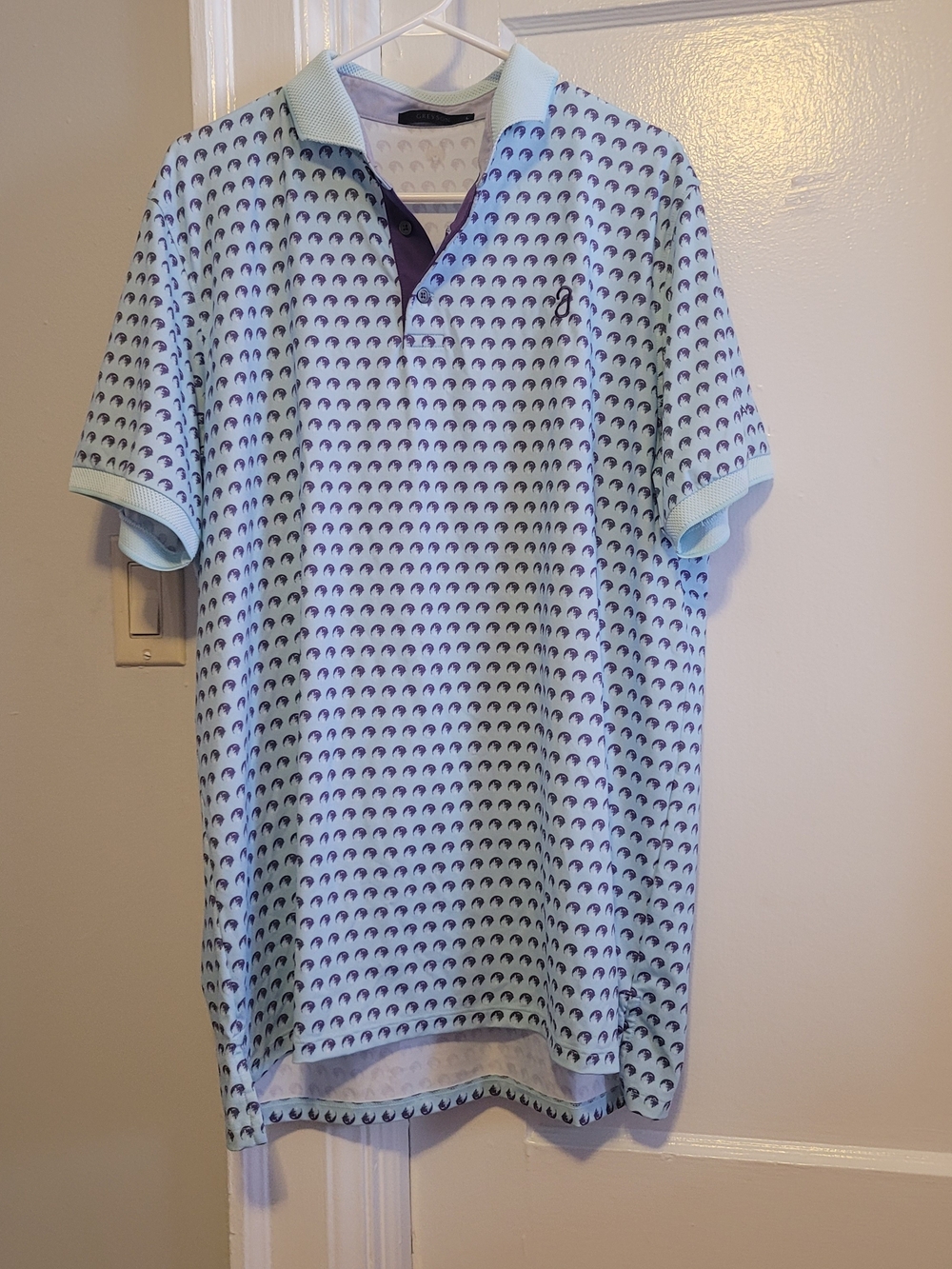 Greyson Light Blue Polo with Navy Microprint Golfcore Dressy City Casual Chic